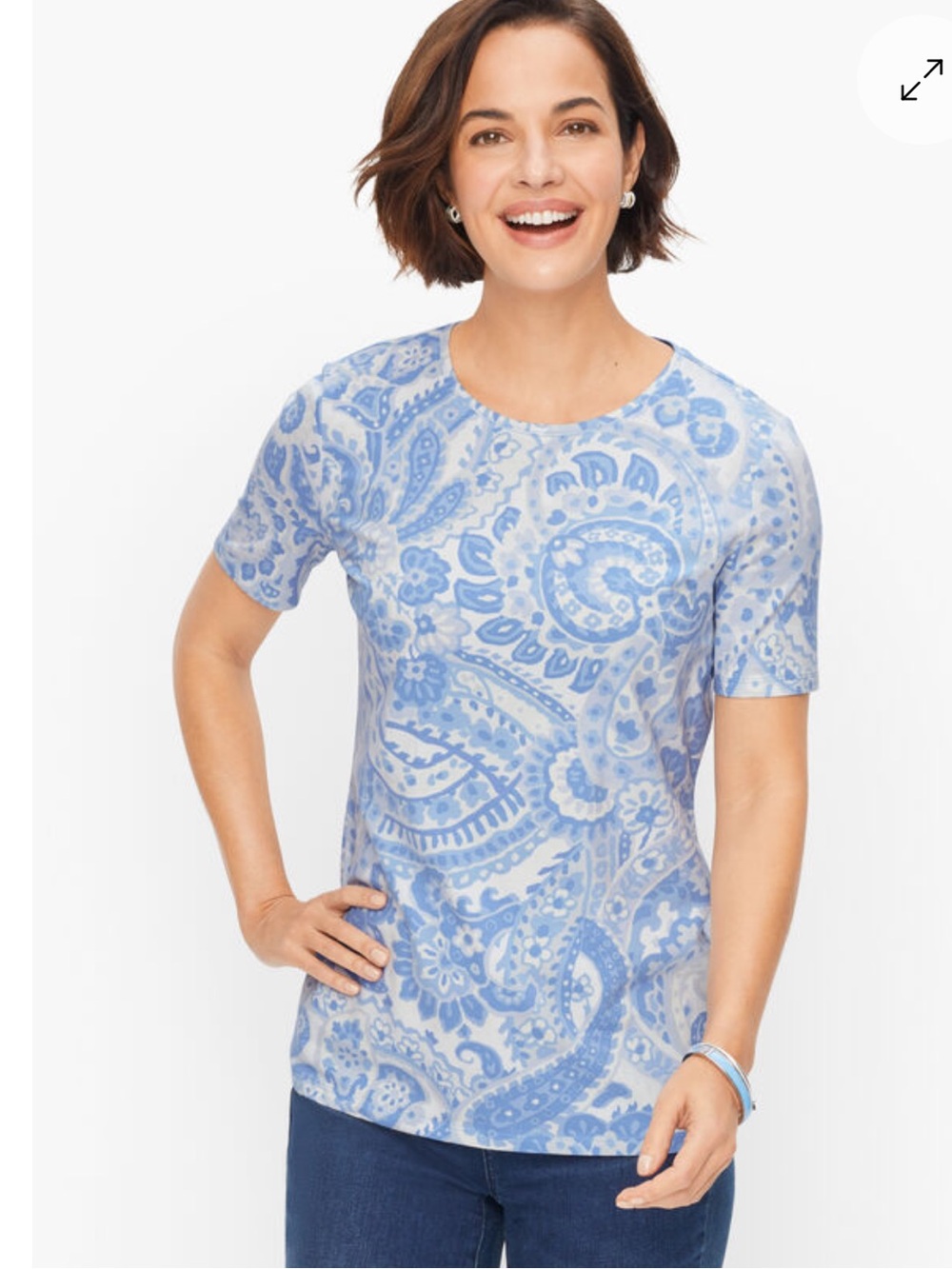 Talbots Light Blue Watercolor Paisley Short-Sleeve Tee Shirt Top Cotton XL